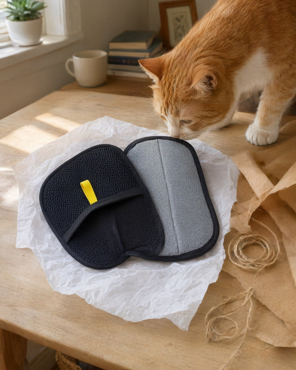 Two FurSwipe gloves on gift tissue, one mesh side up and one pad side up, with an orange cat sniffing them