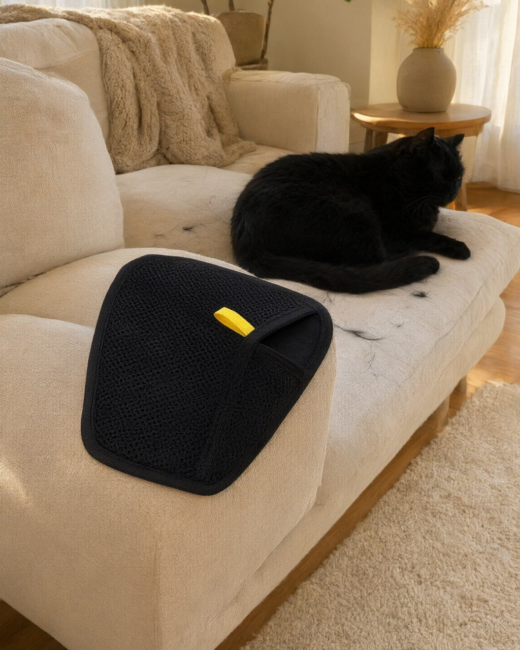 FurSwipe glove on the arm of a cream sofa next to a black cat